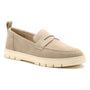 Loafer, beige suede, ABEO Roam; thick white sole, strap, orthotic footbed with arch support for women.