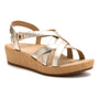 Sandal, gold leather, ABEO Soleil Cross; strappy wedge with buckle, textured sole, comfort platform for women.