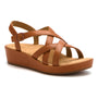 Sandal, tan leather, ABEO Soleil Cross with crisscross straps and wedge platform; visible cushioned footbed for comfort.