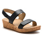 Sandal, ABEO Soleil Strap Metatarsal: black cork wedge, two straps, open toe, Velcro back strap for support.