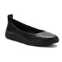 Flat shoe, black leather, ABEO Vela Ballet Metatarsal with arch support and rubber sole, angled on white background.