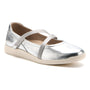 Flat shoe, ABEO Vela Mary Jane Metatarsal, silver with beige sole, two elastic straps, cushioned for comfort.