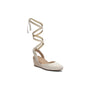 Wedge shoe, beige canvas, ABEO Veranda Espadrille Lace Metatarsal with closed toe, ankle wrap straps, arch support.