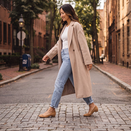 Model wearing Via Buckle Metatarsal in color Brown Sugar