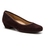 Shoe, brown suede, ABEO Via Pump Metatarsal, rounded toe, short block heel, orthotic footbed for support.