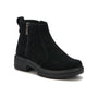 Boots, black suede, ABEO Vista Zip Metatarsal, side zipper, arch support, chunky heel on white background.