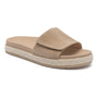 Sandal, tan suede, ABEO Isle Slide with open toe, rope trim, thick sole, orthotic footbed for comfort.