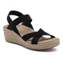 Sandal, ABEO Riviera Stretch; black straps, tan orthotic footbed, braided jute wedge sole for support.