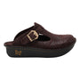 Clog, brown leather, Alegria Classic with embossed design, gold buckle, slip-resistant sole, butterfly logo.