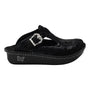 Clog, black embossed leather, silver buckle strap, butterfly logo on sole; Alegria Classic.
