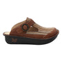 Sandal, brown leather, closed toe, woven upper, buckle, black wedge sole. Alegria Classic. Comfort features not visible.