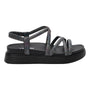 Sandal, black, with glittery straps, ankle band, platform sole, visible arch support; Alegria Audie shown in profile.