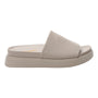 Sandal, beige synthetic, Alegria Akimi; ribbed upper, contoured footbed, thick textured sole visible from side view.