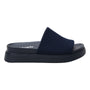 Sandal, Alegria Akimi, navy ribbed upper, thick ridged sole, contoured footbed for comfort and support, side view.