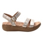 Sandal, Alegria Blinda: silver leather with arch support, two straps, buckle closure, and cork wedge sole.