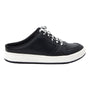 Shoe, Alegria Celeste: black slip-on mule with white sole, bw laces, slip-resistant outsole, side view on white background.