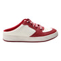 Shoe, red and white leather Alegria Celeste slip-on mule with red laces, low back, slip-resistant outsole.