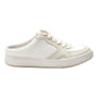 Shoe, white leather Alegria Celeste slip-on mule with laces, flat sole, and slip-resistant outsole in side profile.