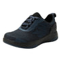 Shoe, navy mesh lace-up, Alegria In8 with black slip-resistant sole, heel branding, and visible comfort features.