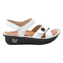 Sandal, white leather, Alegria Kelsi with adjustable ankle strap, cushioned footbed, side button, butterfly sole logo.