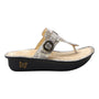 Sandal, Alegria Kennedi in beige/silver with cushion footbed, buckle detail, and butterfly logo.