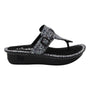 Sandal, Alegria Kennedi, black with textured straps, cushioned footbed, buckle detail, and butterfly logo on sole.