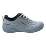 The Alegria Liber8 sneaker in gray showcases a curved sole, matching gray laces, and a blue-gray textile upper. Branding details—“Alegria” and “LIQUIDSHELL”—adorn the side, reflecting its standing among top-tier waterproof sneakers. Built for comfort, this shoe features a padded collar and an easy-to-use heel pull tab.