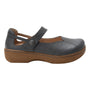 Shoe, gray stain-resistant leather Alegria Onika Mary Jane with wood platform sole, round-button strap.