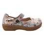 Shoe, Alegria Onika: floral Mary Jane in stain-resistant leather, thick brown sole, decorative button, profile view.