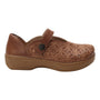 Shoe, brown leather Alegria Opheliah with floral embroidery, button strap, thick sole, visible arch support.