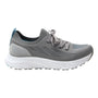 Shoe, gray mesh Alegria Regale with laces, white sole, and visible arch support shown in left profile.