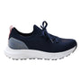 Shoe, Alegria Regale navy with arch support, white sole, gray heel, pink tab; side view.