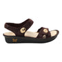 Sandal, brown leather, two straps with gold buttons, stitched sole, butterfly logo. Alegria Vienna comfort footwear.
