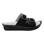 Sandal, black leather, Alegria Verah; two buckles, low wedge heel, ergonomic footbed for comfort.