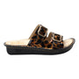 Sandal with black sole, leopard print straps, two silver side buckles; Alegria Verah ergonomic comfort slide.
