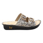 Sandal, Alegria Verah, black sole with butterfly logo, slip-on, two buckled straps, visible arch support.
