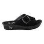 Sandal, black suede Alegria Vanya crisscross slide with adjustable buckle and removable contoured footbed.