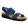 Sandal, blue Naot Amy with dual straps, arch support, cork-latex footbed, black wedge; angled on white background.