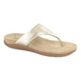 Sandal, gold leather thong, Strive Antibes with cushioned tan footbed, arch support, and brown sole on white background.