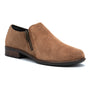 Slip-on shoe, light brown suede, side zipper, low wood heel, removable cork footbed. Naot Autan.