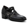 Shoe in black leather by Naot Authentic with low heel, crisscross straps, closed toe, removable footbed—side view.