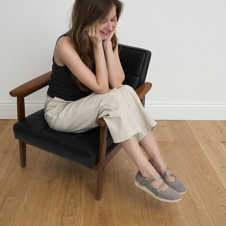 Model wearing Vela Mary Jane Metatarsal in color Grey