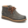 Boot, Born Analia, dark brown distressed suede with moc-toe, brown laces, contrast stitching, and textured sole.