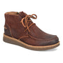 Boot, brown leather with laces, moc-toe, visible stitching, Born Analia. Textured white-rubber sole for traction.