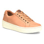 Sneaker, tan leather, Born Mira with matching laces, metal eyelets, thick white platform sole on white background.