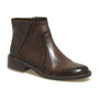 Boot, brown full-grain leather, Born Cincy, side zipper, low block heel; ankle height; shown on white background.