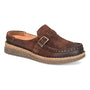 Clog, Born Cory: brown suede slip-on with buckle, stitched detail, textured sole for travel comfort.