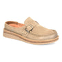 Slip-on shoe, tan suede, Born Cory by Born, with buckle, visible stitching and textured sole for comfortable travel wear.