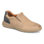 Slip-on shoe, tan full grain leather, perforated upper, gray heel accent, elastic panels, rubber sole. Born Mackay.
