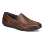 Loafer, brown Italian leather, Born Weston moc toe with visible stitching, black sole, low heel; slip-on comfort shoe.